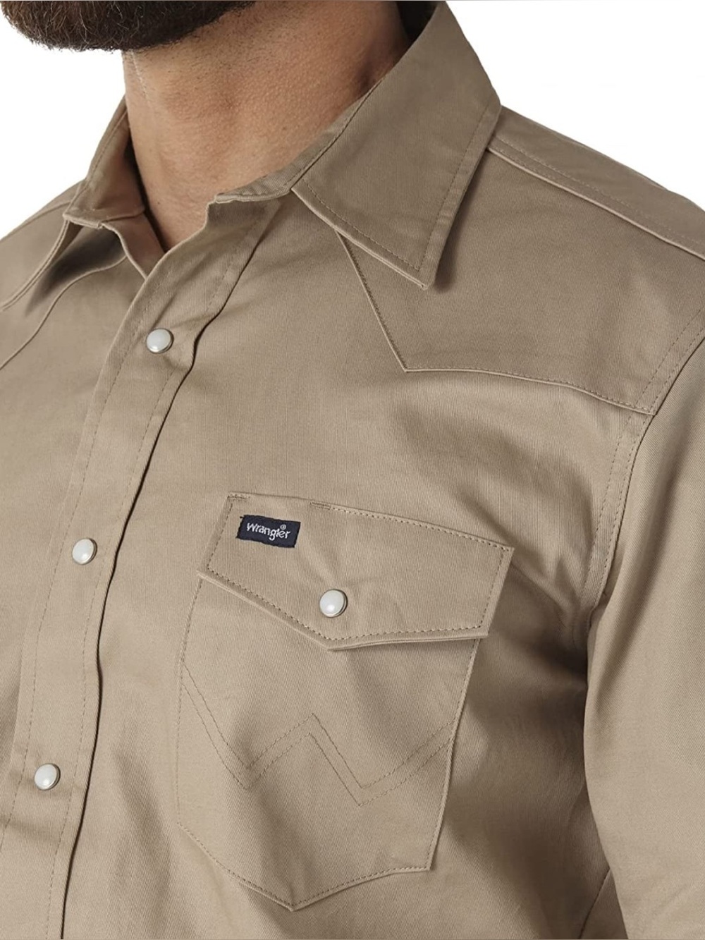 Wrangler Pearl Snap Heavy Khaki Tan Work BrushPopper Shirt Mens XLT Long Sleeve
